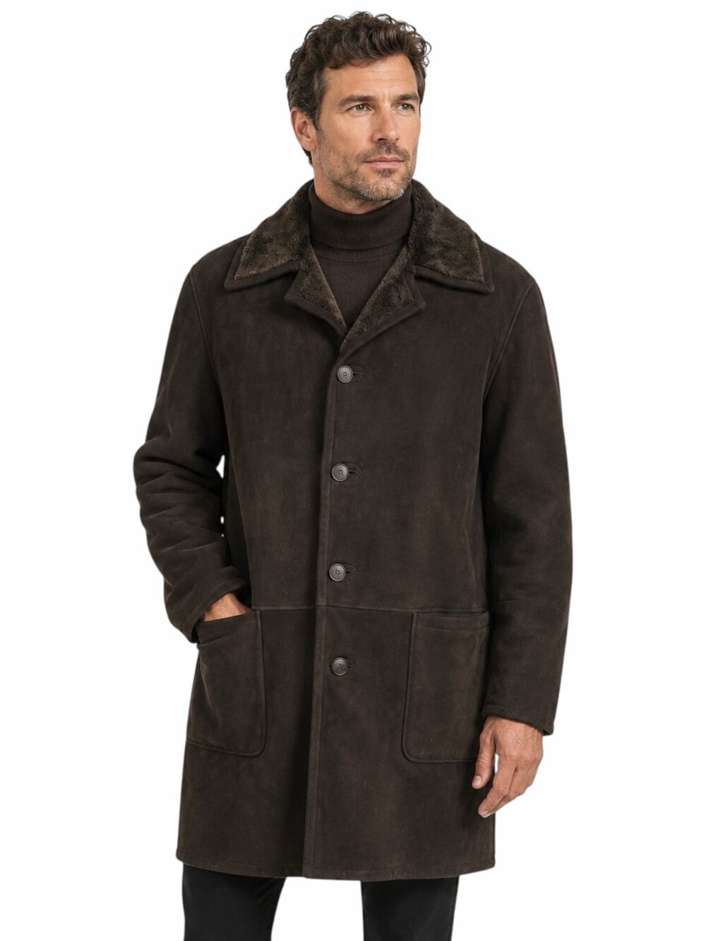 Men's Genuine Suede Shearling Long Coat Jacket Custom Made Brown Size 3XL